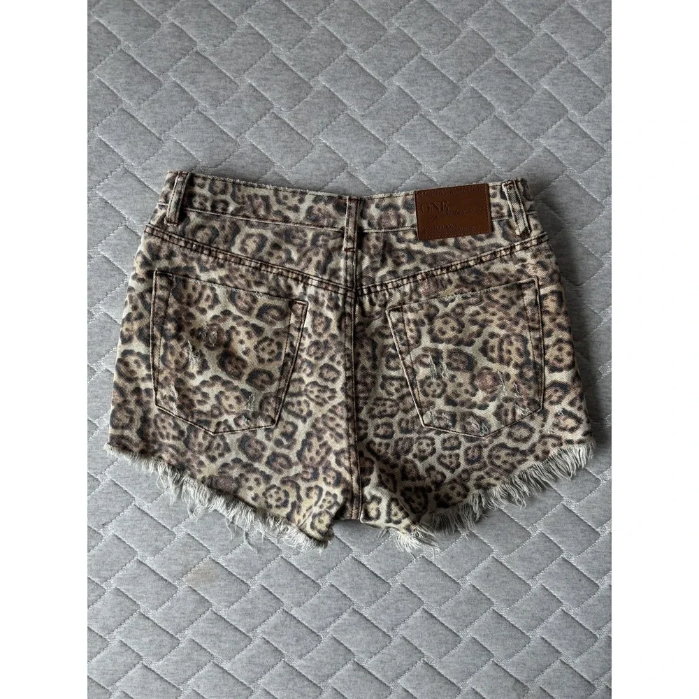 One Teaspoon Outlaws Shorts Womens 25 Brown Leopard Denim Cutoff Frayed Hem